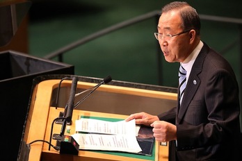 El secretario general de la ONU, Ban Ki-moon, durante su dirscurso ante la Asamblea General de Naciones Unidas. (Spencer PLATT/AFP)