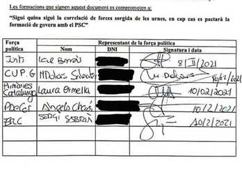 Imagen del documento de la firma divulgado por Catalans per la Indpendència.