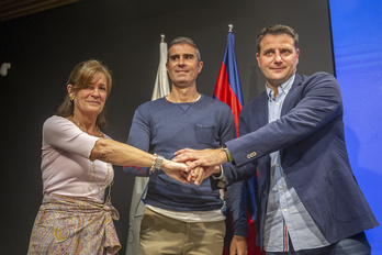 Gorositza, Garitano eta Palacios, Ipuruako prentsa-aretoan egindako aurkezpenean. (Jaizki Fontaneda/Foku)