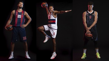 Peters, Baldwin y Marinkovic posan con las nuevas equipaciones de Saski Baskonia. (SASKI BASKONIA)