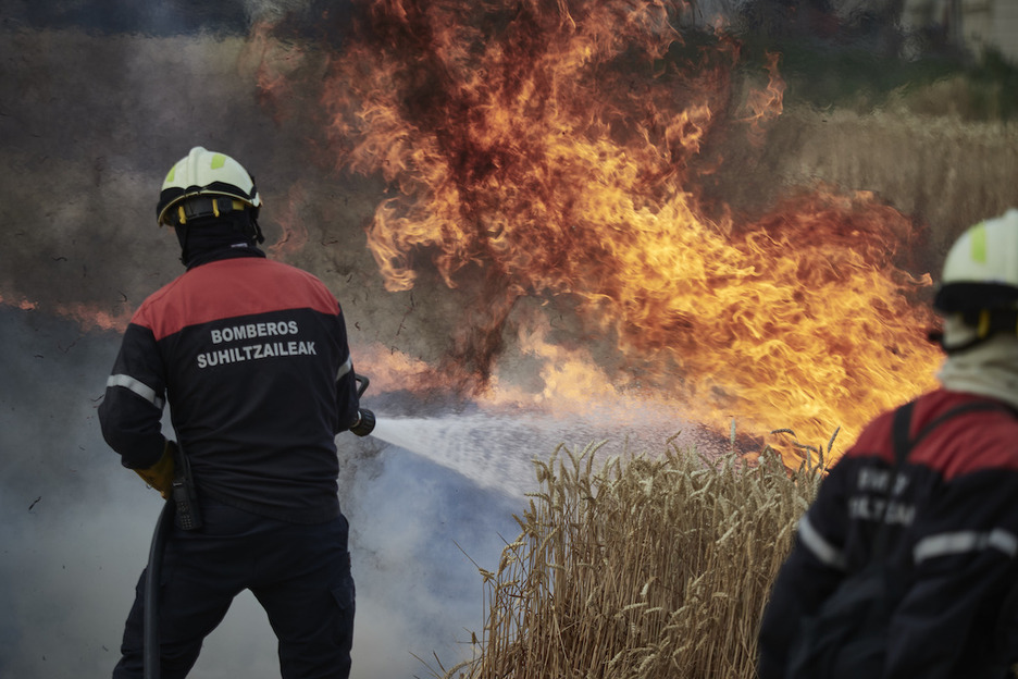 Unos bomberos intentar apaciguar las llamas en Gares. Unos bomberos intentar apaciguar las llamas en Gares.