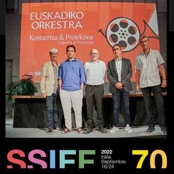 Juan José Ocón, José Luis Rebordinos, Aitor Amezaga, Joseba Palacios y Andoni Sierra, hoy en la presentación que ha tenido lugar en Tabakalera. 