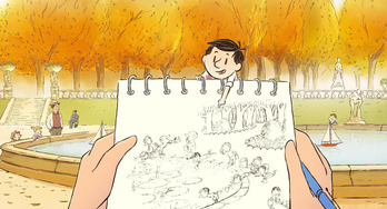 El personaje animado interactuando con el dibujante Sempé.