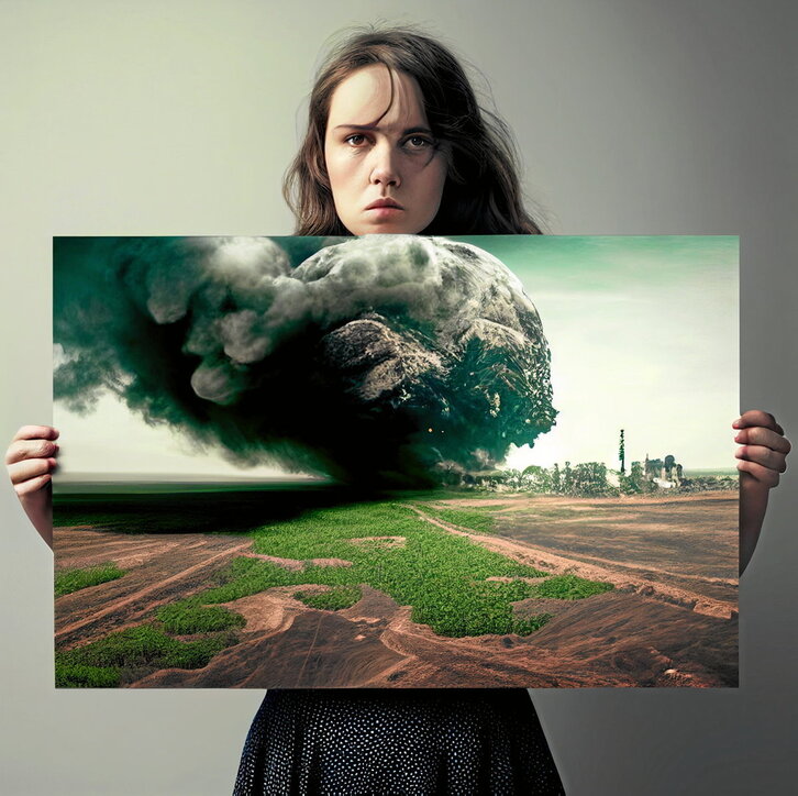 Irudi hau Midjourney aplikazioarekin egin da. Agindua hau zen: «Poster of a woman with a landscape that includes economic crisis, climate change, war and energy sovereignty; hyper realistic style».