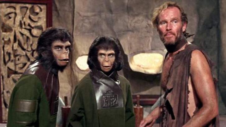 Charlton Heston, Roddy McDowall eta Kim Hunter, ‘Planet of Apes’ filmean
