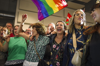 Candidatas y seguidoras de EH Bildu celebran los resultados electorales en Donostia.