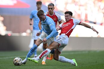 Kieran Tierney, en el partido de la FA Community Shield jugado este mes con el Arsenal contra el Manchester City.