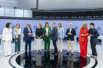 Representantes de las principales fuerzas estatales, en el debate de TVE del jueves, entre ellas la jeltzale Agirregoitia (CEUS) y Riba (Orain Errepublikak, que incluye a EH Bildu).