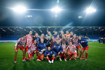 Las jugadoras del Atlético celebran la goleada en St. Polten en la primera jornada de la UWCL.